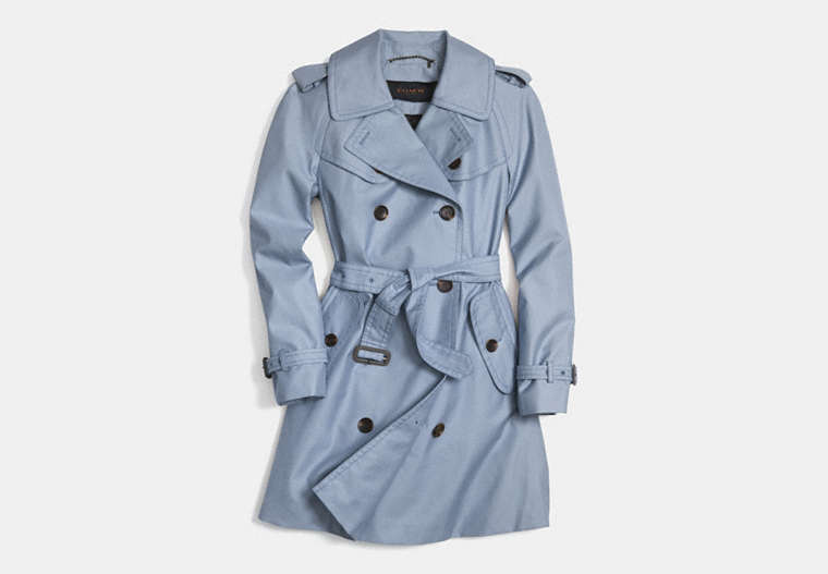 COACH®,MID LENGTH TRENCH,Cotton Twill,BLUE,Front View