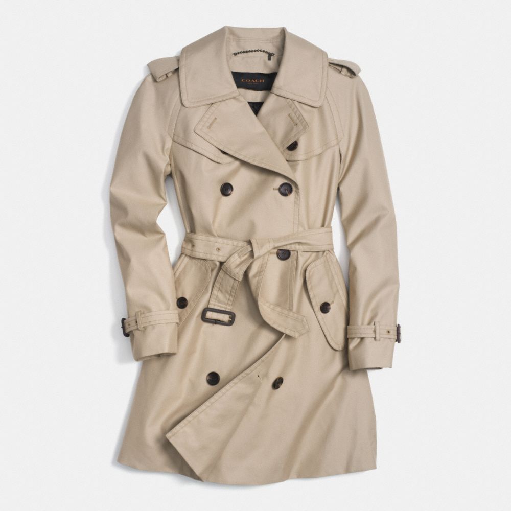 COACH®,MID LENGTH TRENCH,Cotton Twill,KHAKI,Front View