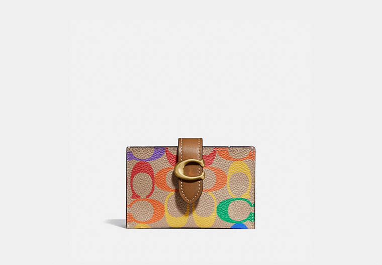 COACH®,ACCORDION CARD CASE IN RAINBOW SIGNATURE CANVAS,pvc,Brass/Tan Penny Multi,Front View