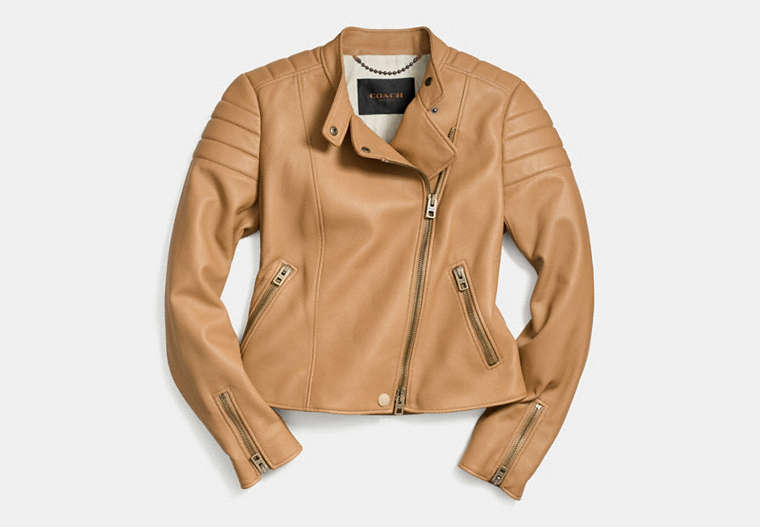 COACH®,REFINED MOTO JACKET,Leather,Tan,Front View