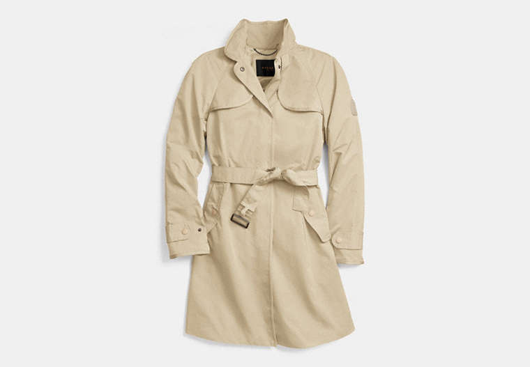 COACH®,SPORTY TOPPER TRENCH COAT,Nylon,Pale Tan,Front View