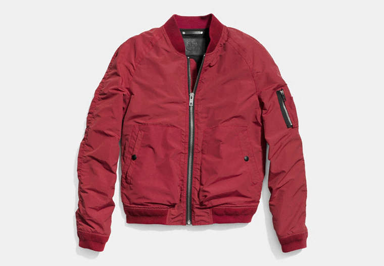 COACH®,WAXED NYLON AVIATOR JACKET,Cotton Blend,Red.,Front View