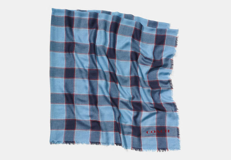 COACH®,CHECK PLAID OVERSIZED SQUARE SCARF,woolblend,BLUE/NAVY,Front View
