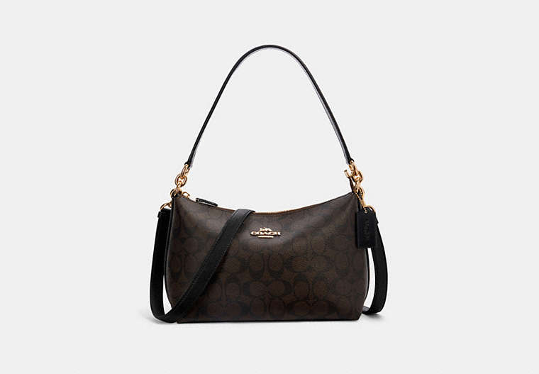 COACH®,LEWIS SHOULDER BAG IN SIGNATURE CANVAS,Leather,Small,Gold/Brown Black,Front View