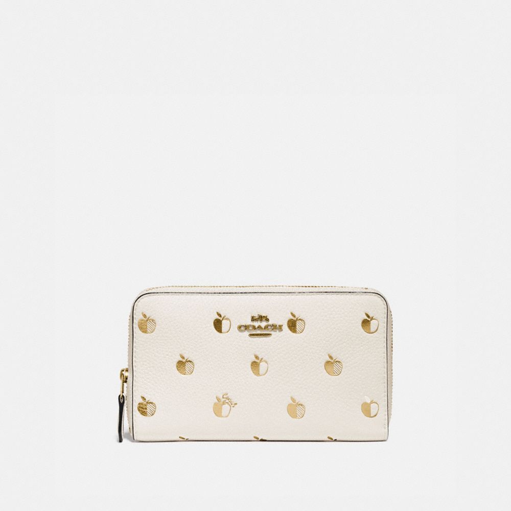 COACH®,MEDIUM ZIP AROUND WALLET WITH APPLE PRINT,Leather,Mini,Brass/Chalk Multi,Front View