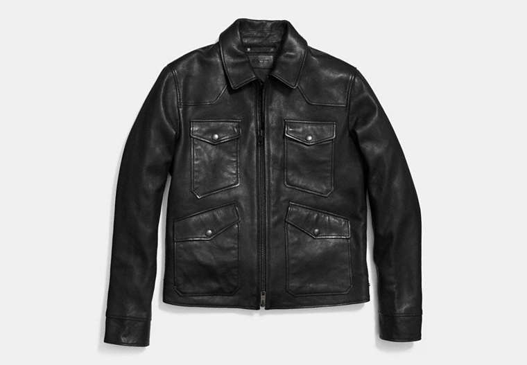 COACH®,FOUR POCKET LEATHER JACKET,Leather,Black,Front View