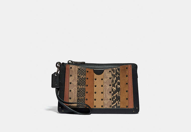 COACH®,DREAMER WRISTLET WITH SIGNATURE CANVAS PATCHWORK STRIPES AND SNAKESKIN DETAIL,Signature Coated Canvas/Smo...,Pewter/Tan Black Multi,Front View