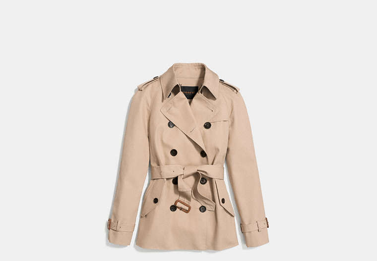 COACH®,MODERN SHORT TRENCH,Cotton Twill,Classic Khaki,Front View