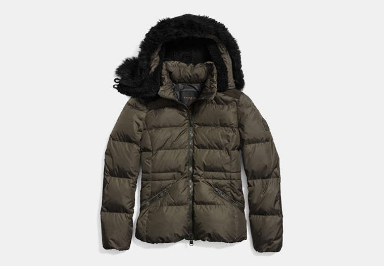 COACH®,SHORT DOWN JACKET,Nylon,MILITARY,Front View