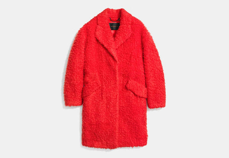 COACH®,FUZZY TEDDY BEAR COAT,Synthetic,BRIGHT PERSIMMON,Front View