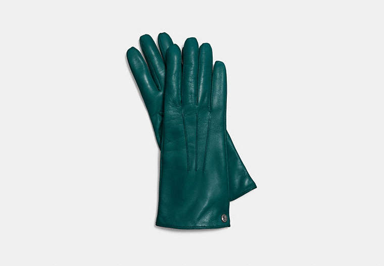 COACH®,ICONIC LEATHER GLOVE,Leather,Dark Turquoise,Front View