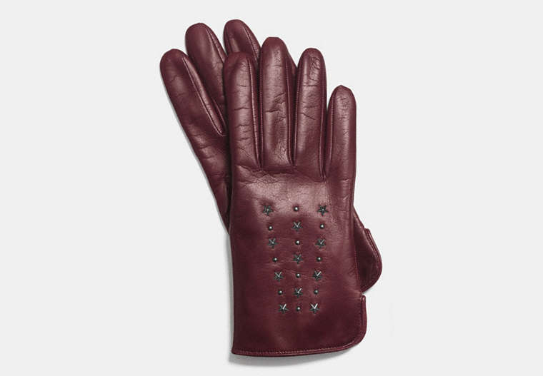 COACH®,STAR STUDDED LEATHER GLOVE,Leather,Burgundy,Front View