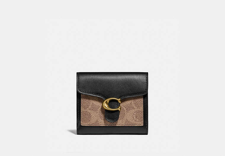 COACH®,TABBY SMALL WALLET IN COLORBLOCK SIGNATURE CANVAS,Leather,Brass/Tan Black,Front View
