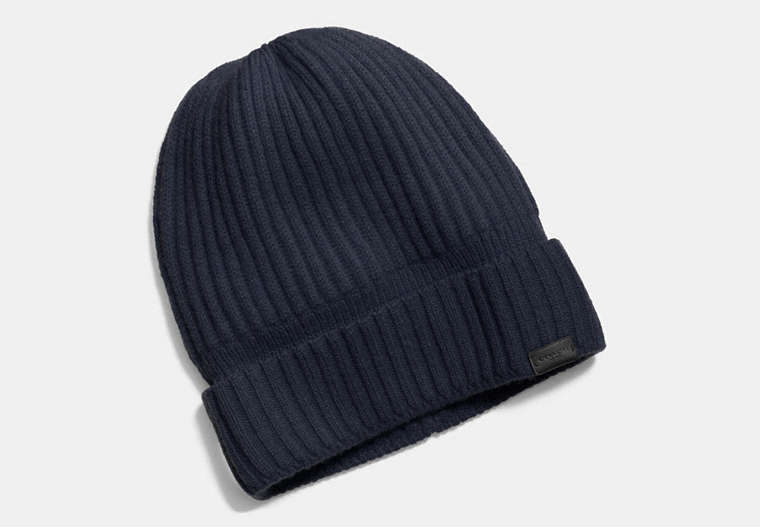 COACH®,CASHMERE KNIT RIBBED BEANIE,cashmere,Midnight,Front View
