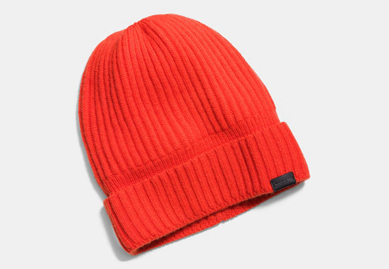 COACH®,CASHMERE KNIT RIBBED BEANIE,cashmere,ORANGE,Front View