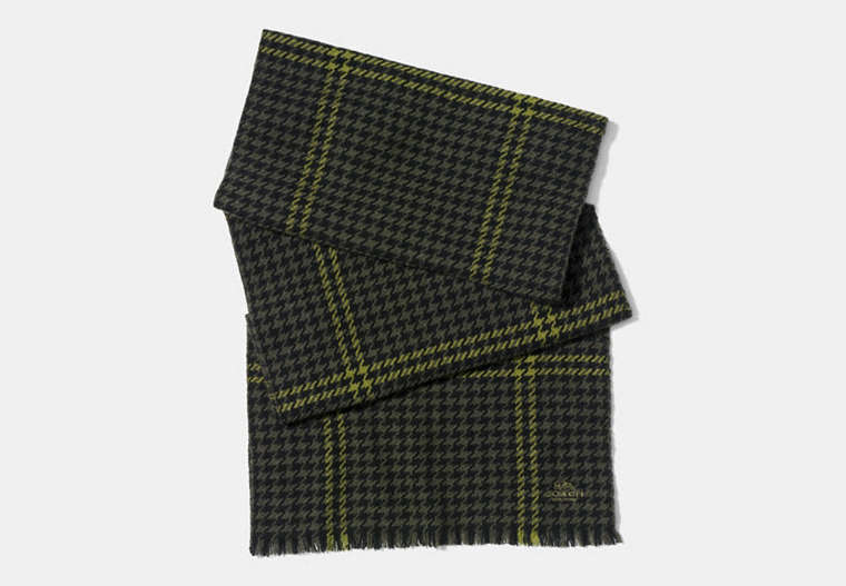COACH®,GRID HOUNDSTOOTH SCARF,cashmere,MOSS/BLACK,Front View