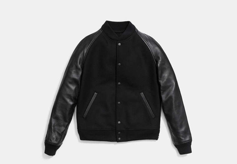 COACH®,WOOL LEATHER BASEBALL JACKET,wool,Black,Front View