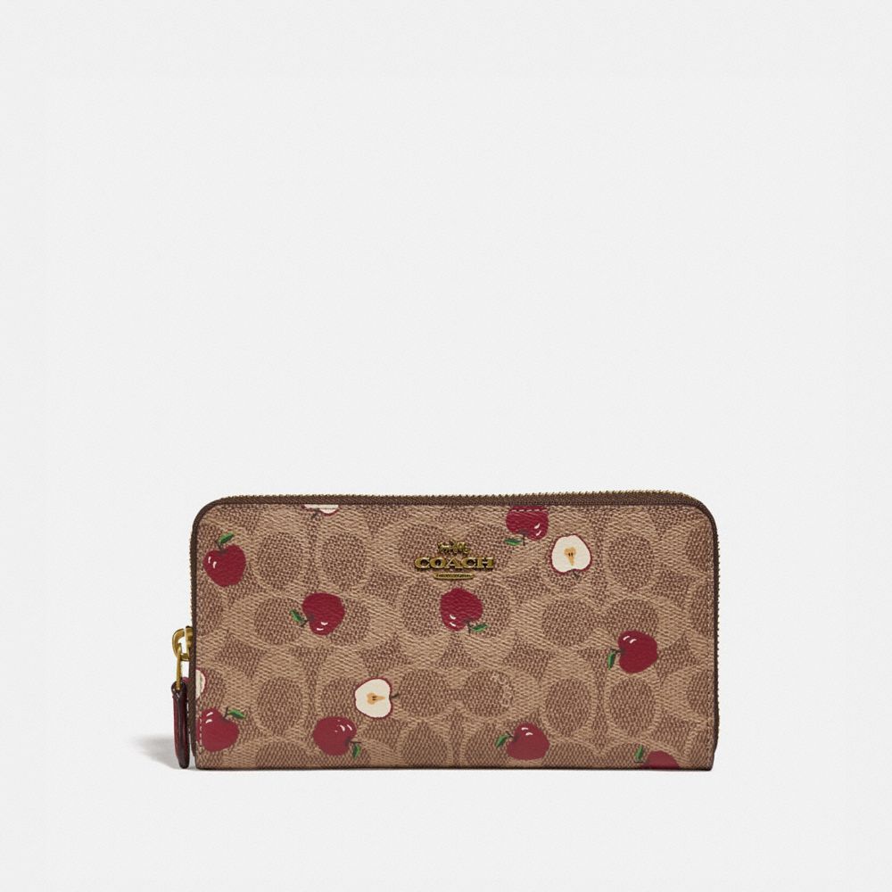 COACH®,ACCORDION ZIP WALLET IN SIGNATURE CANVAS WITH SCATTERED APPLE PRINT,pvc,Brass/Tan Multi,Front View