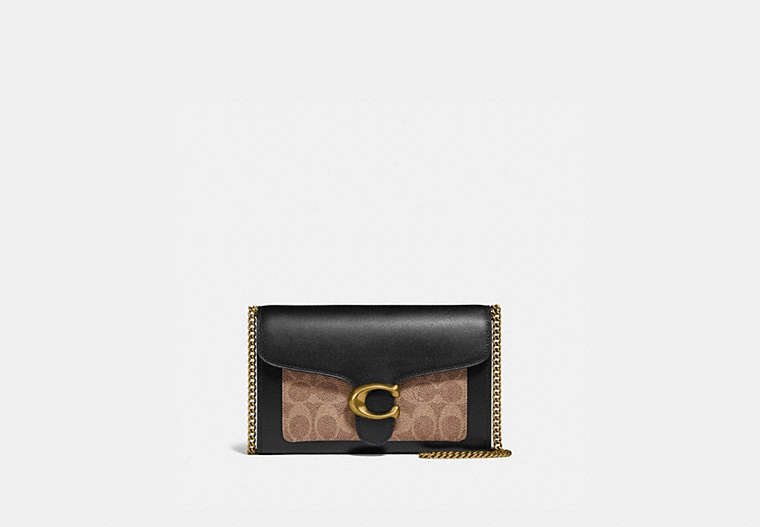 COACH®,TABBY CHAIN CLUTCH IN COLORBLOCK SIGNATURE CANVAS,Signature Coated Canvas/Smooth Leather,Mini,Brass/Tan Black,Front View