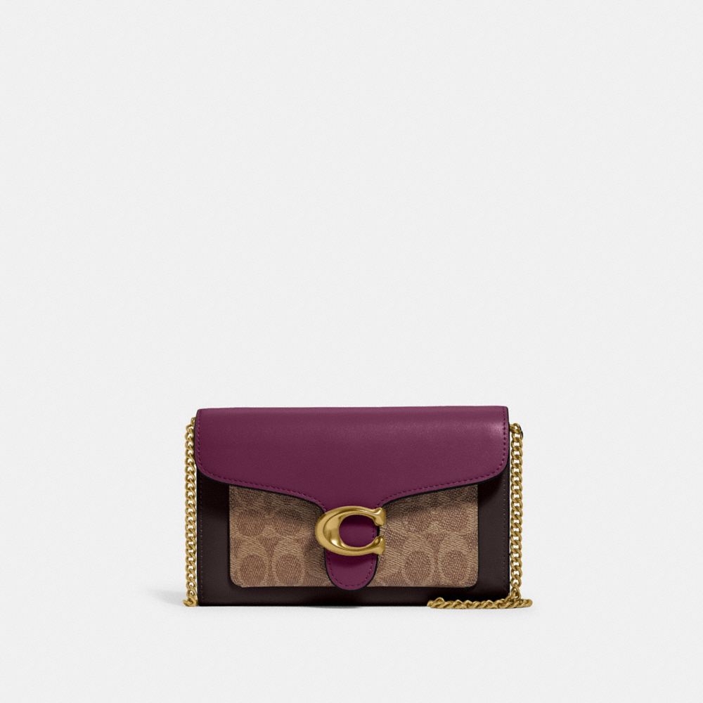 COACH®,TABBY CHAIN CLUTCH IN COLORBLOCK SIGNATURE CANVAS,Mini,Brass/Tan Deep Berry Multi,Front View