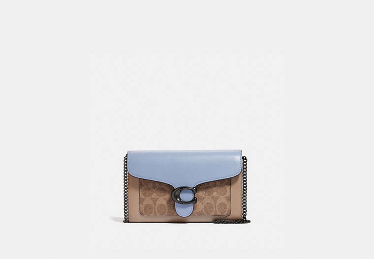 COACH®,TABBY CHAIN CLUTCH IN COLORBLOCK SIGNATURE CANVAS,Signature Coated Canvas/Smooth Leather,Mini,Pewter/Tan Twilight Multi,Front View image number 0