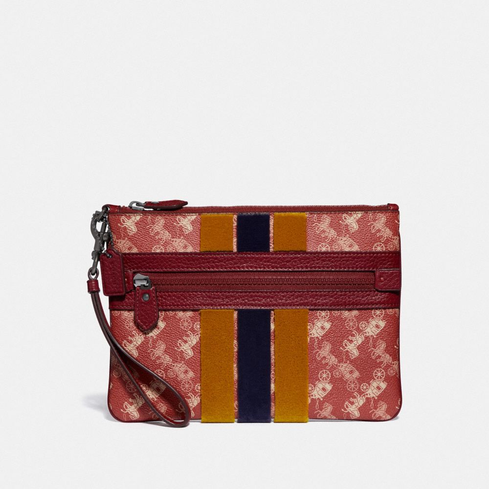 COACH®,LARGE FRONT ZIP WRISTLET WITH HORSE AND CARRIAGE PRINT AND VARSITY STRIPE,Coated Canvas,Pewter/Deep Red,Front View