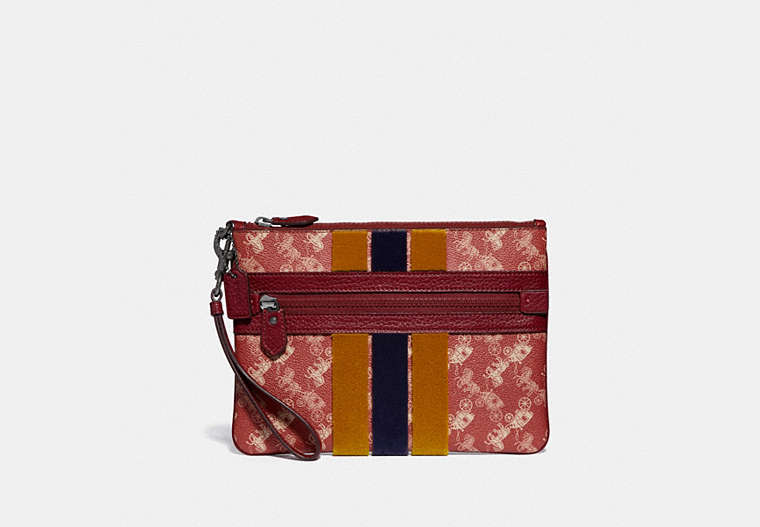 COACH®,LARGE FRONT ZIP WRISTLET WITH HORSE AND CARRIAGE PRINT AND VARSITY STRIPE,Coated Canvas,Pewter/Deep Red,Front View