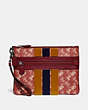 COACH®,LARGE FRONT ZIP WRISTLET WITH HORSE AND CARRIAGE PRINT AND VARSITY STRIPE,Coated Canvas,Pewter/Deep Red,Front View
