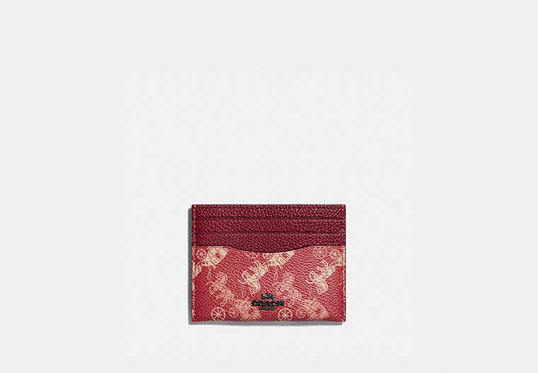 COACH®,CARD CASE WITH HORSE AND CARRIAGE PRINT,pvc,Pewter/Deep Red,Front View image number 0