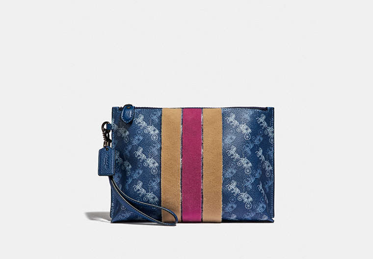 COACH®,CHARLIE POUCH WITH HORSE AND CARRIAGE PRINT AND VARSITY STRIPE,Coated Canvas,Small,Pewter/True Blue,Front View