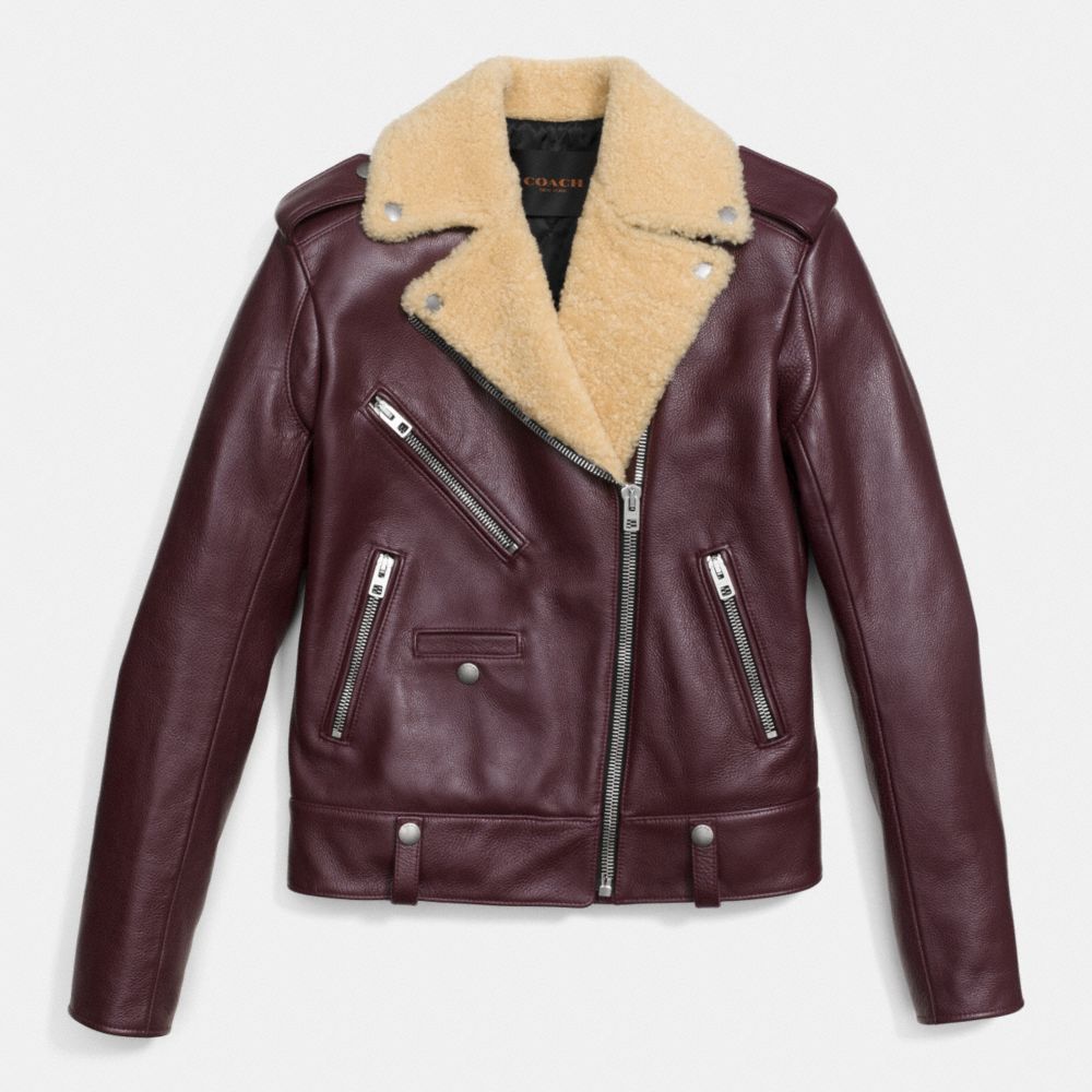 COACH®,BOYS BIKER JACKET,Leather,Burgundy,Front View