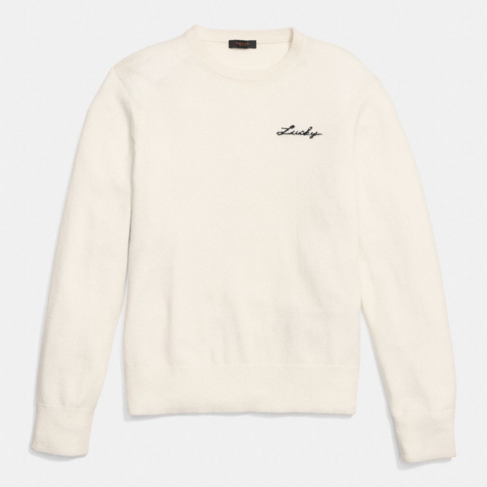 COACH®,LUCKY INTARSIA CREWNECK,Wool Blend,Cream,Front View