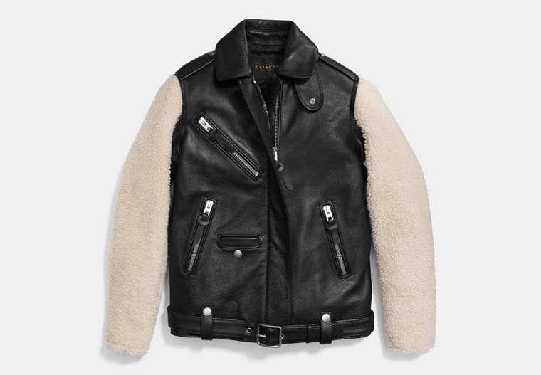 COACH®,SHEEPSKIN SLEEVE JACKET,Leather,Black/Natural,Front View