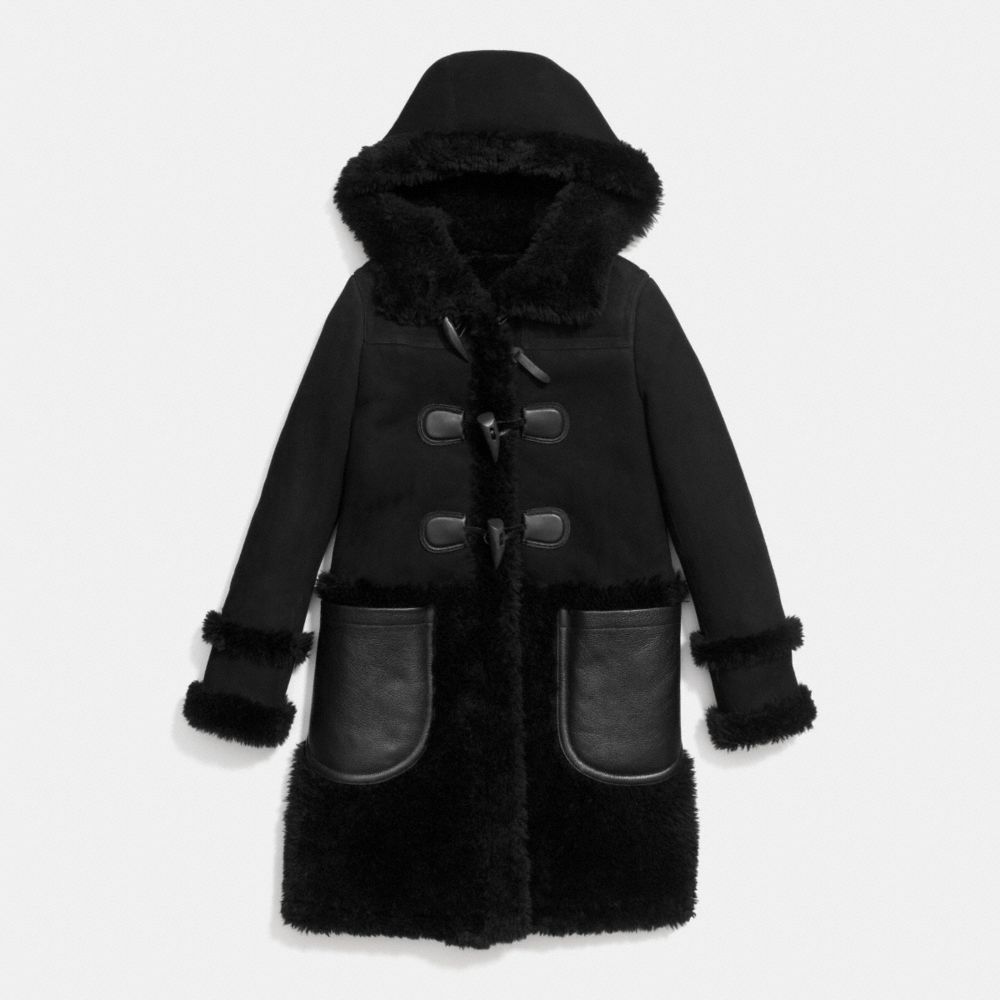 COACH®,SHEEPSKIN DUFFLE COAT,Shearling,Black,Front View