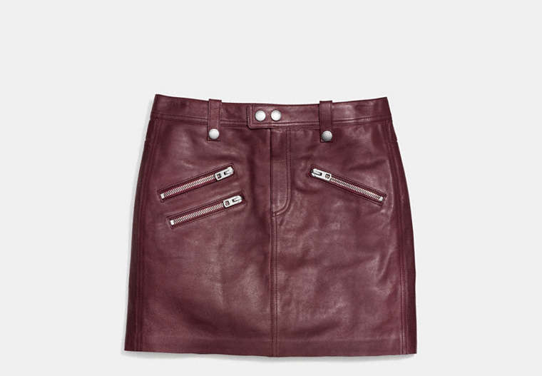 COACH®,MULTI ZIP SKIRT,Leather,Burgundy,Front View