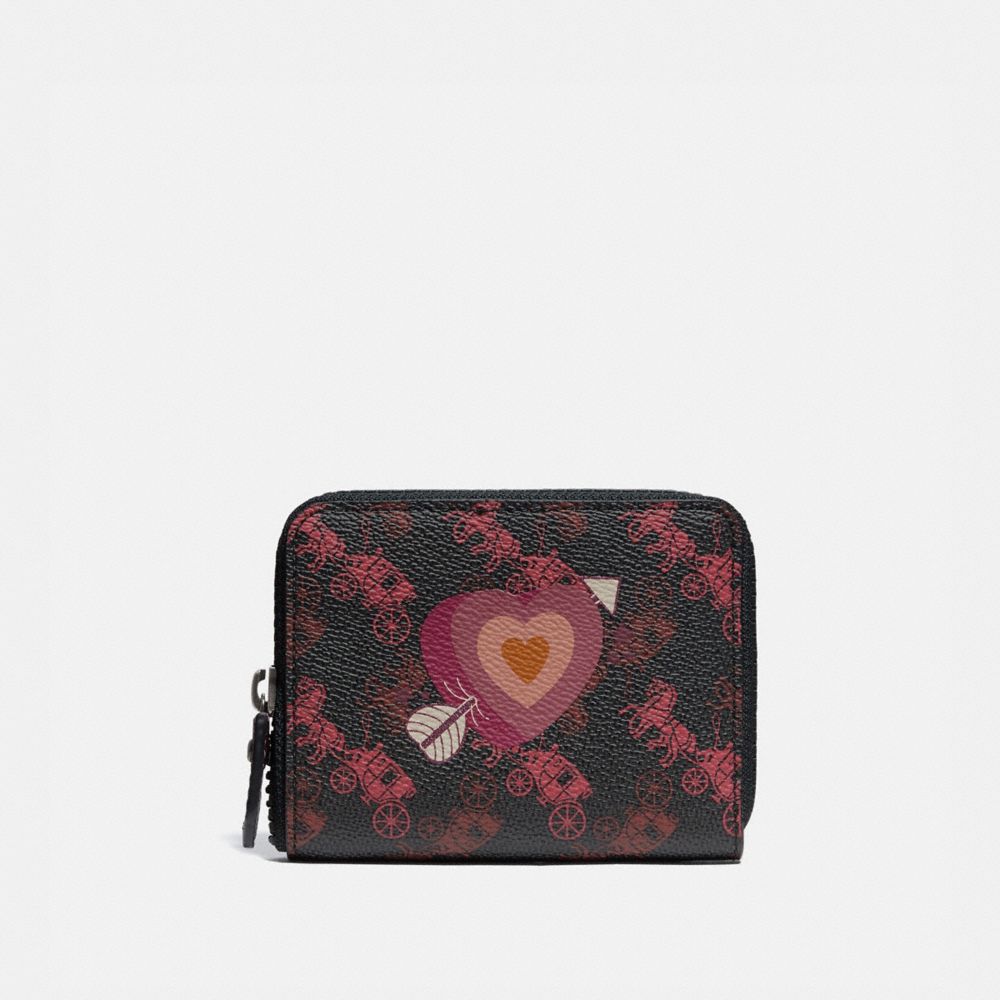 COACH®,SMALL ZIP AROUND WALLET WITH HORSE AND CARRIAGE PRINT AND HEART,pvc,Pewter/Black Oxblood,Front View