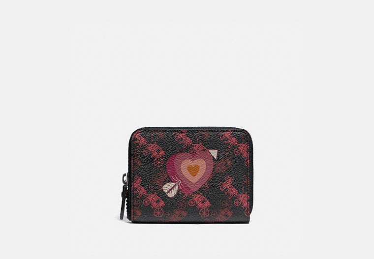 COACH®,SMALL ZIP AROUND WALLET WITH HORSE AND CARRIAGE PRINT AND HEART,pvc,Pewter/Black Oxblood,Front View