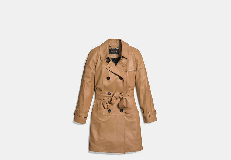 COACH®,LEATHER DRAPEY TRENCH,Leather,Camel,Front View
