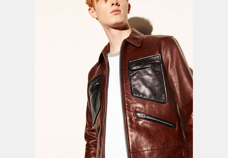 COACH®,LEATHER ROADSTER JACKET,n/a,CHESTNUT/BLACK,Front View