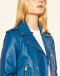 COACH®,FLORAL MOTO JACKET,Leather,BLUE,Front View