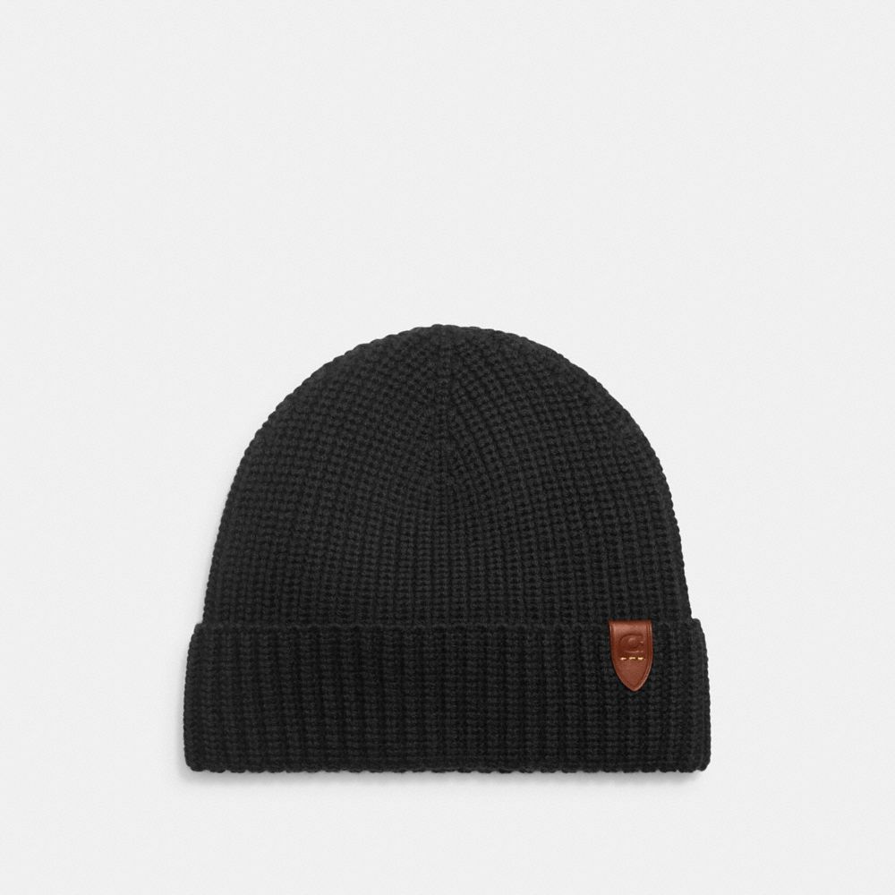 COACH®,RIB KNIT MERINO WOOL HAT,Black,Front View