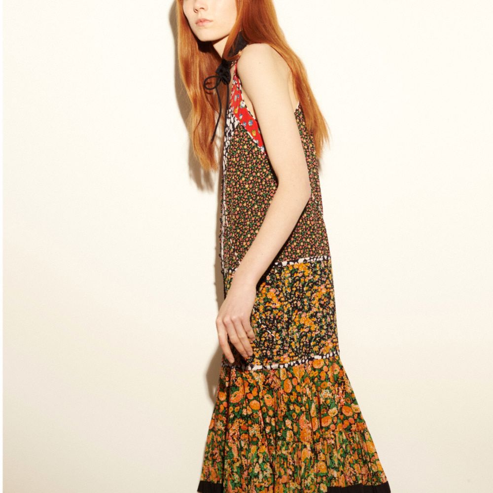 COACH®,LONG FRONT PLACKET DRESS,Silk,Yellow Multi,Front View