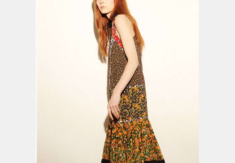 COACH®,LONG FRONT PLACKET DRESS,Silk,Yellow Multi,Front View