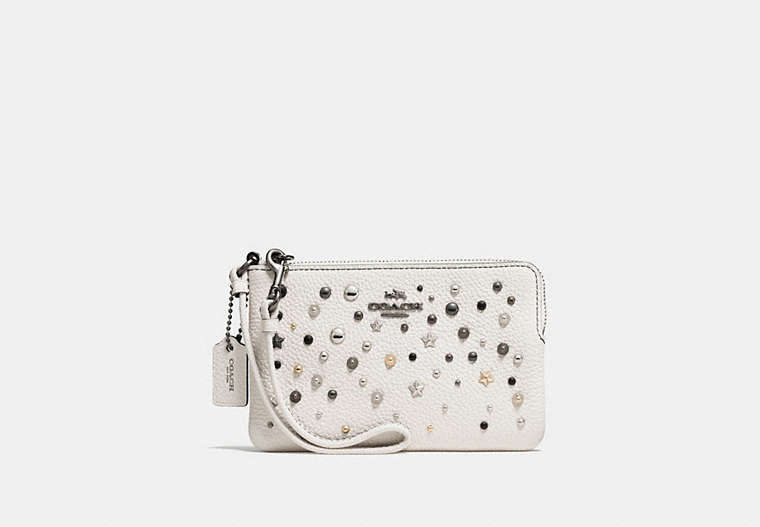 COACH®,SMALL WRISTLET WITH STAR RIVETS,Leather,Chalk/Dark Gunmetal,Front View