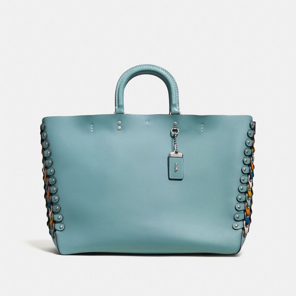 COACH®,ROGUE TOTE WITH COLORBLOCK COACH LINK DETAIL,Leather,X-Large,Light Antique Nickel/Steel Blue Multi,Front View