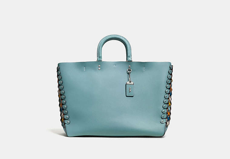 COACH®,ROGUE TOTE WITH COLORBLOCK COACH LINK DETAIL,Leather,X-Large,Light Antique Nickel/Steel Blue Multi,Front View
