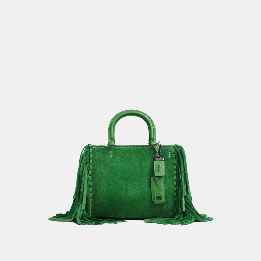 COACH®,ROGUE 25 WITH FRINGE,Leather,Medium,Black Copper/Kelly Green,Front View