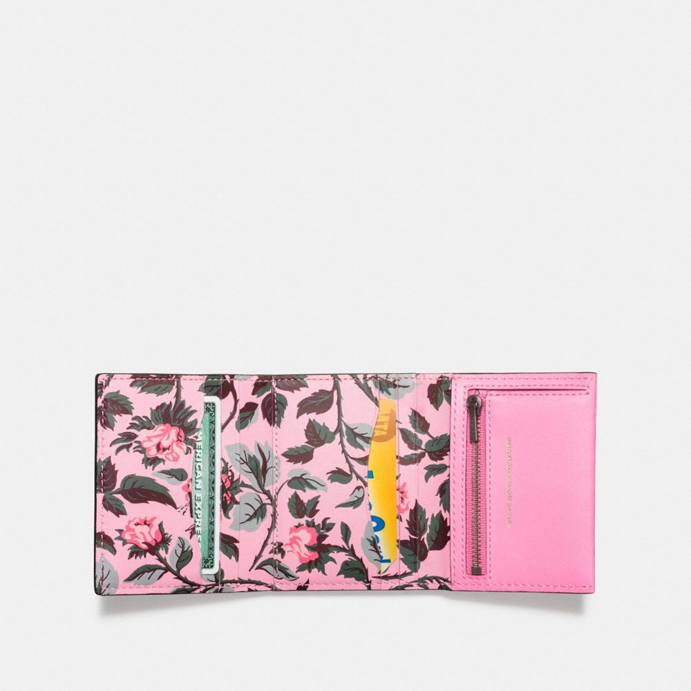 COACH®,Small Trifold Wallet With Floral Print Interior,,Inside View,Top View