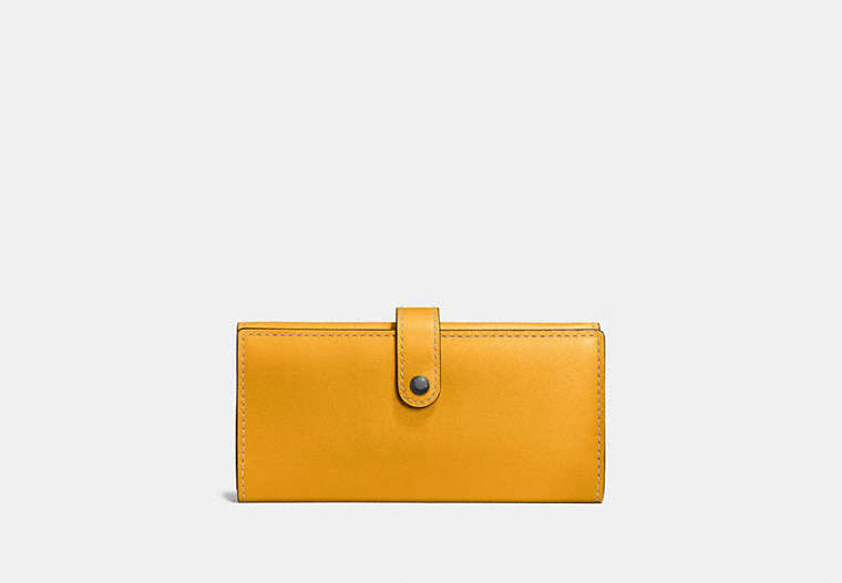 COACH®,SLIM TRIFOLD WALLET,Leather,Black Copper/Goldenrod,Front View