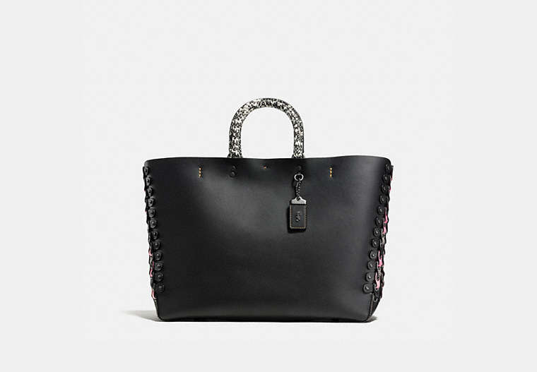 COACH®,ROGUE TOTE WITH SNAKESKIN COACH LINK DETAIL,reptile,Black Copper/Black,Front View
